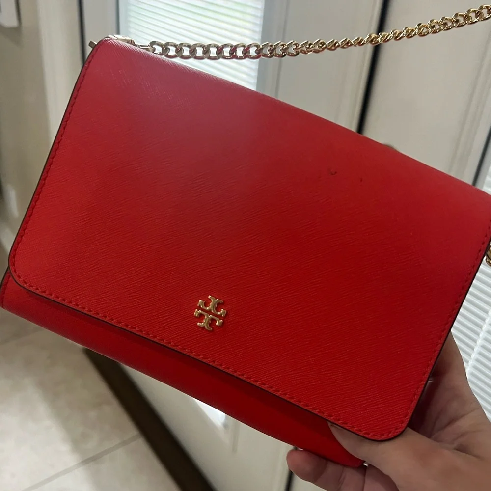 Tory Burch bright orange crossbody bag gold chain